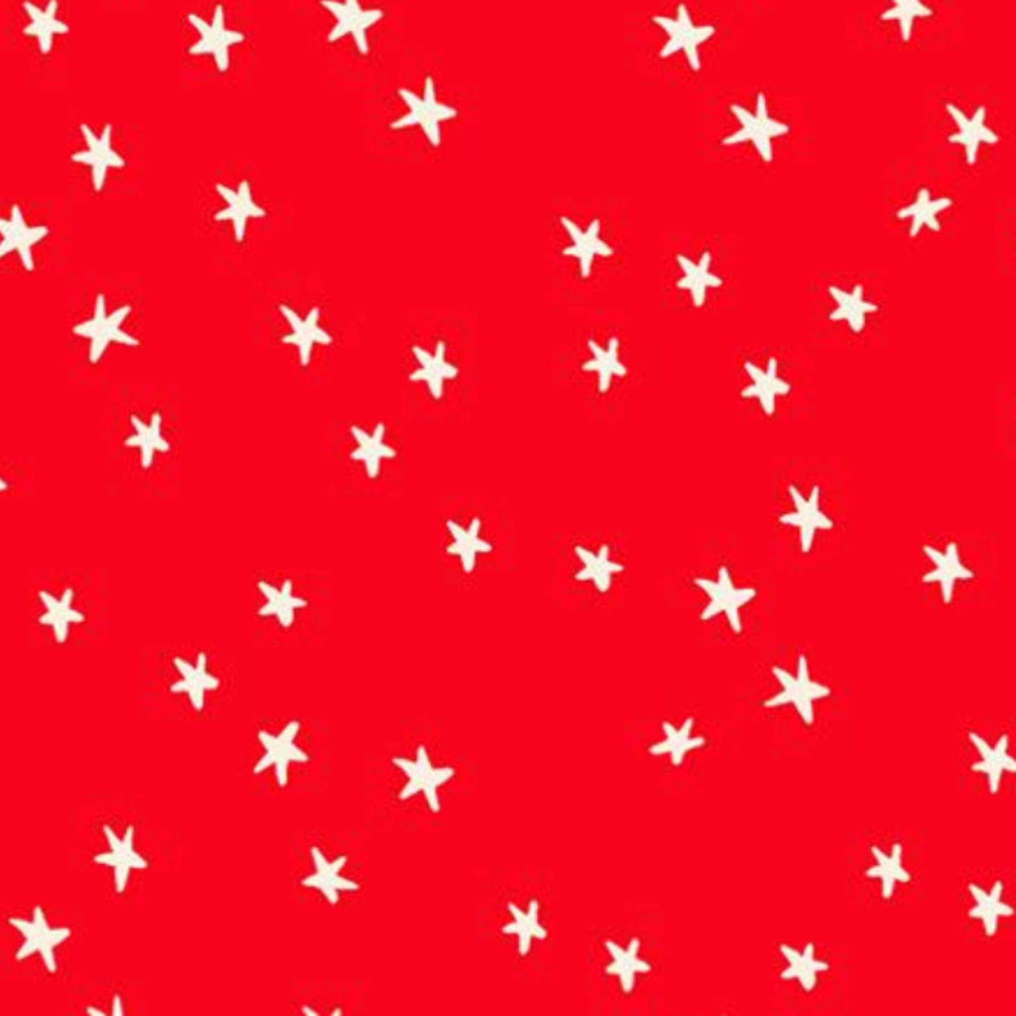 A repeating pattern of small white hand-drawn stars on a bright red background.