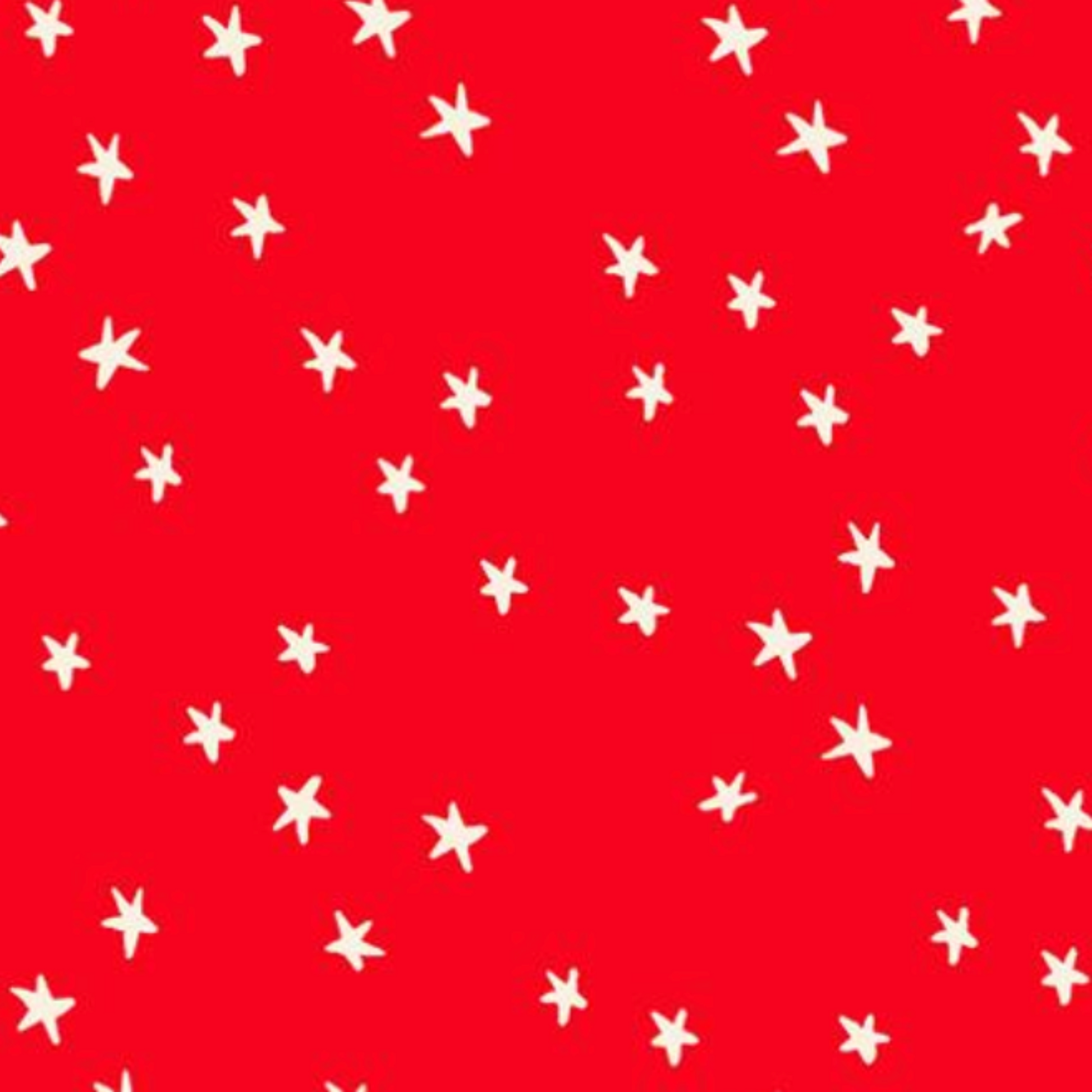 A repeating pattern of small white hand-drawn stars on a bright red background.