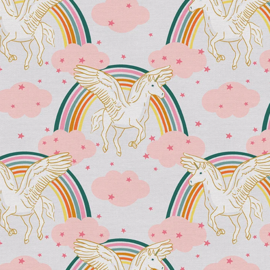 A repeating pattern of white winged horses (Pegasus) under pastel rainbow arches, pink clouds, and small pink stars on a light gray background.